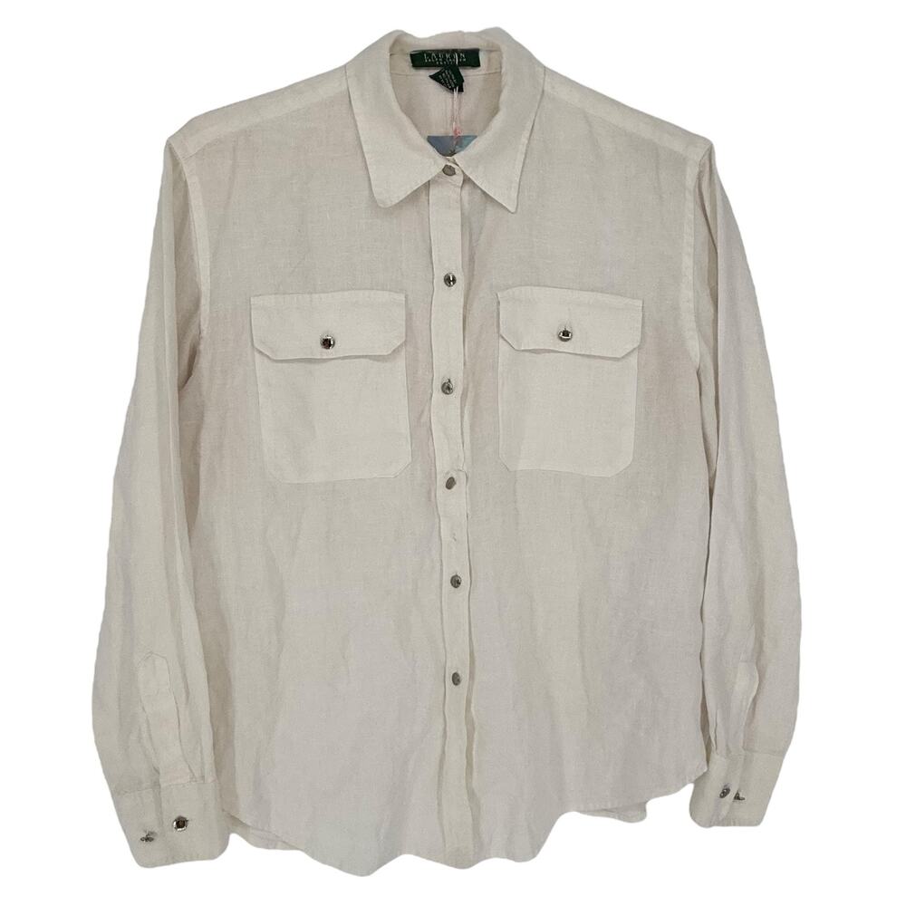 Lauren Ralph Lauren Petite Button Up Shirt 100% Linen White M Summer Casual